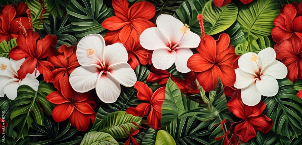 Vibrant tropical floral pattern showcasing red camellias and white lotus flowers on a brick-style 3D wall texture