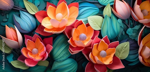 Vibrant tropical floral pattern background displaying cerulean lotuses and peach tulips on a 3D granite wall #697437417