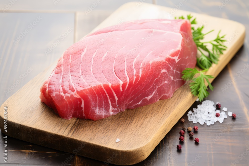 Raw tuna steak isolated, Red sea fish fillet, fresh tuna filet, seafood sashimi, bluefin piece, akami Raw tuna steak isolated, Red sea fish fillet, fresh tuna filet, seafood sashimi, bluefin piece, akami