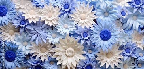 Vibrant tropical floral pattern with blue cornflowers and white chrysanthemums on a ribbed 3D wall texture