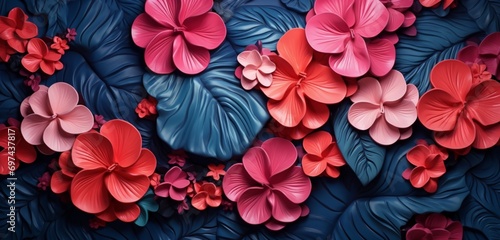 Vibrant tropical floral pattern background showcasing coral begonias and navy blue hydrangeas on a 3D plaster wall photo