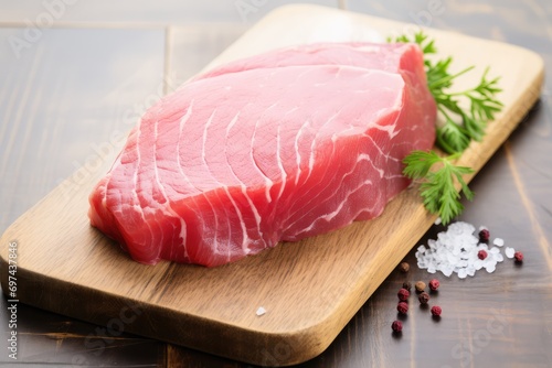 Raw tuna steak isolated, Red sea fish fillet, fresh tuna filet, seafood sashimi, bluefin piece, akami photo