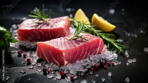 Raw tuna steak, Red sea fish fillet, fresh tuna filet, seafood sashimi, bluefin piece, akami, ahi loin photo