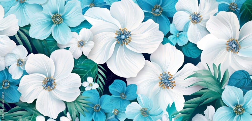 Vibrant tropical floral pattern featuring blue anemones and white hydrangeas on a wave patterned 3D wall surface