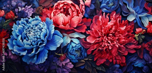 Vibrant tropical floral pattern background featuring indigo jasmine and scarlet peonies on a 3D marble wall