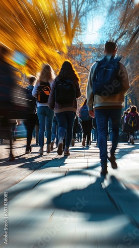 Students walking through a college campus on a sunny day, motion blur photo