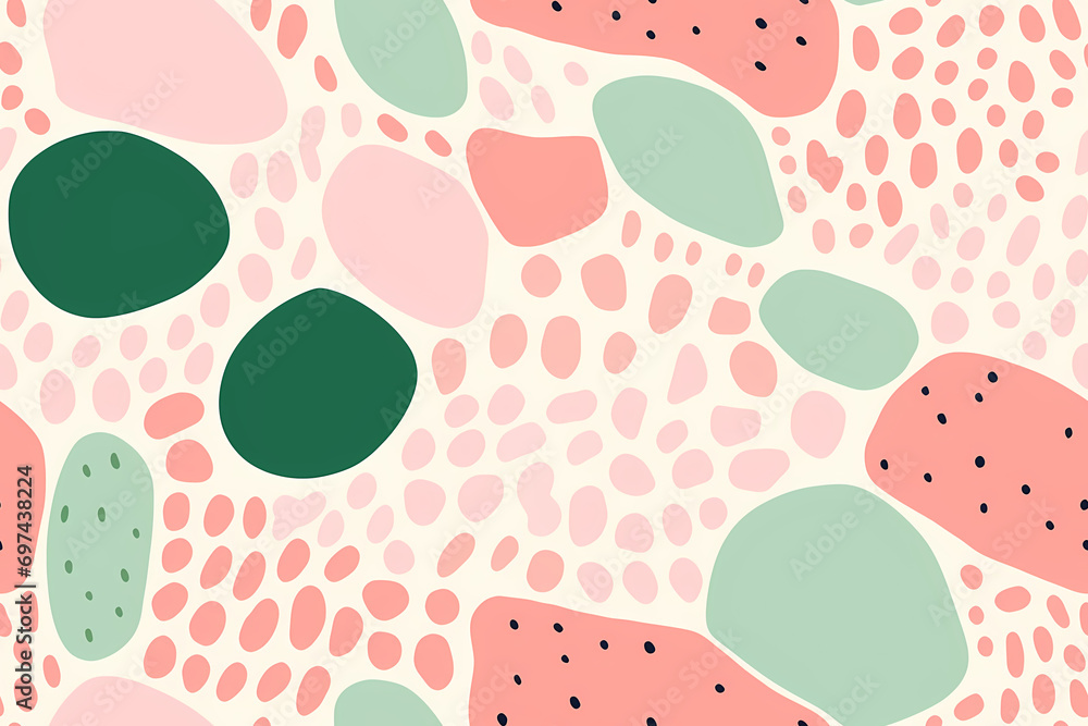 Abstract seamless pattern with hand drawn fluid organic rounded shapes with dots in pastel pink, green colors. Repeating pattern with bubbles print, interior, packaging paper, stationery, banner Abstract seamless pattern with hand drawn fluid organic rounded shapes with dots in pastel pink, green colors. Repeating pattern with bubbles print, interior, packaging paper, stationery, banner