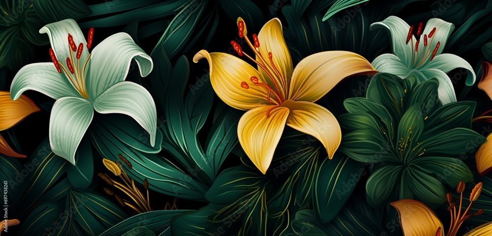 Vibrant tropical floral pattern background with lemon chiffon lilies and forest green leaves on a 3D velvet wall