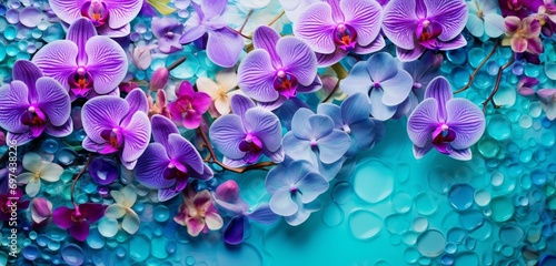 Vibrant tropical floral pattern background showcasing amethyst orchids and sea green algae on a 3D mosaic wall