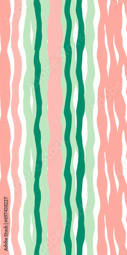 Abstract seamless pattern with hand drawn vertical stripes in pastel pink and green colors on white background. Repeating pattern for background, graphic design, print, interior, packaging paper