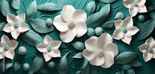 Vibrant tropical floral pattern background with pearl gardenias and basil green vines on a 3D leather wall photo