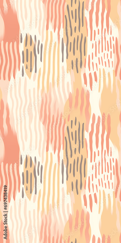 Abstract seamless pattern with hand drawn vertical scales with scribbles and dots in peach fuzz, coral and beige colors. Repeating pattern for background, graphic design, print Abstract seamless pattern with hand drawn vertical scales with scribbles and dots in peach fuzz, coral and beige colors. Repeating pattern for background, graphic design, print