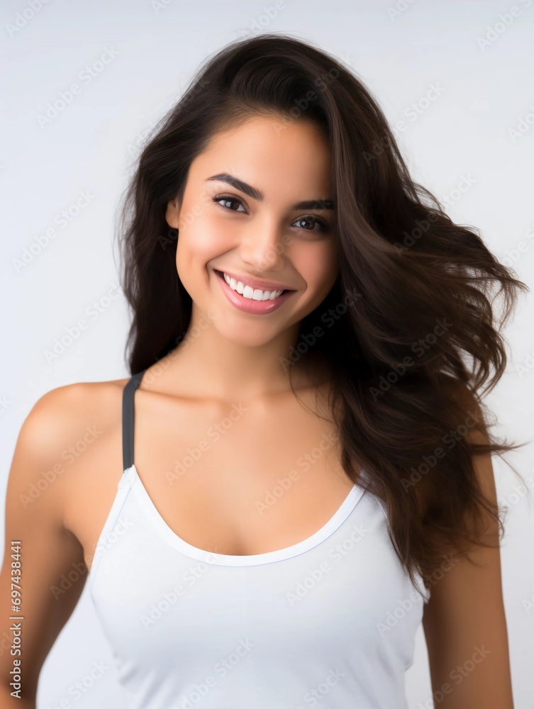 Portrait of a beautiful young Latin woman with clean white skin wearing a tank top, as a beauty model photo, beautiful smile expression Portrait of a beautiful young Latin woman with clean white skin wearing a tank top, as a beauty model photo, beautiful smile expression