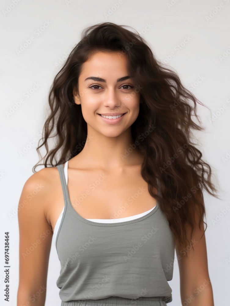Portrait of a beautiful young Latin woman with clean white skin wearing a tank top, as a beauty model photo, beautiful smile expression Portrait of a beautiful young Latin woman with clean white skin wearing a tank top, as a beauty model photo, beautiful smile expression