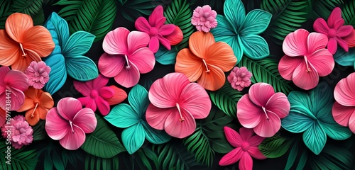 Vibrant tropical floral pattern background with blush roses and shamrock green leaves on a 3D chalkboard wall