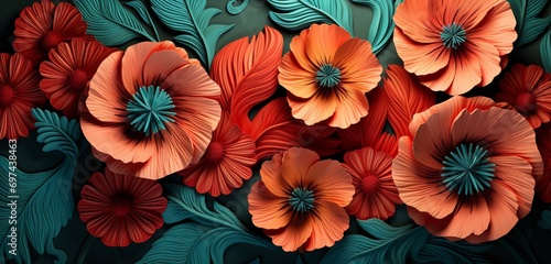 Vibrant tropical floral pattern background featuring vermilion poppies and teal ferns on a 3D slate wall