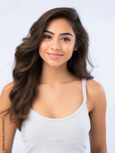 Portrait of a beautiful young Latin woman with clean white skin wearing a tank top, as a beauty model photo, beautiful smile expression