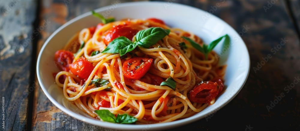 Tomato-basil spaghetti in a white bowl on a dark wooden surface. Tomato-basil spaghetti in a white bowl on a dark wooden surface.