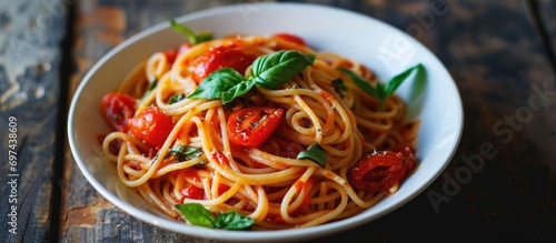 Tomato-basil spaghetti in a white bowl on a dark wooden surface. © AkuAku