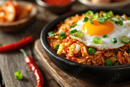 Korean Fusion Delight: Kimchi Fried Rice (Kimchi Bokkeumbap) - A Flavorful and Satisfying Dish, Made with Kimchi, Vegetables, and Sometimes Meat, Topped with a Perfectly Fried Egg.