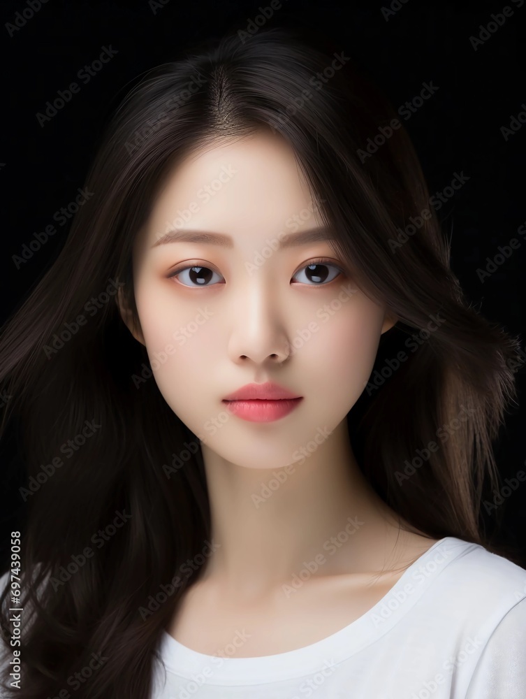 Close-up portrait of white and clean young Japanese female beauty model, studio photo, isolated black background, AI generative Close-up portrait of white and clean young Japanese female beauty model, studio photo, isolated black background, AI generative