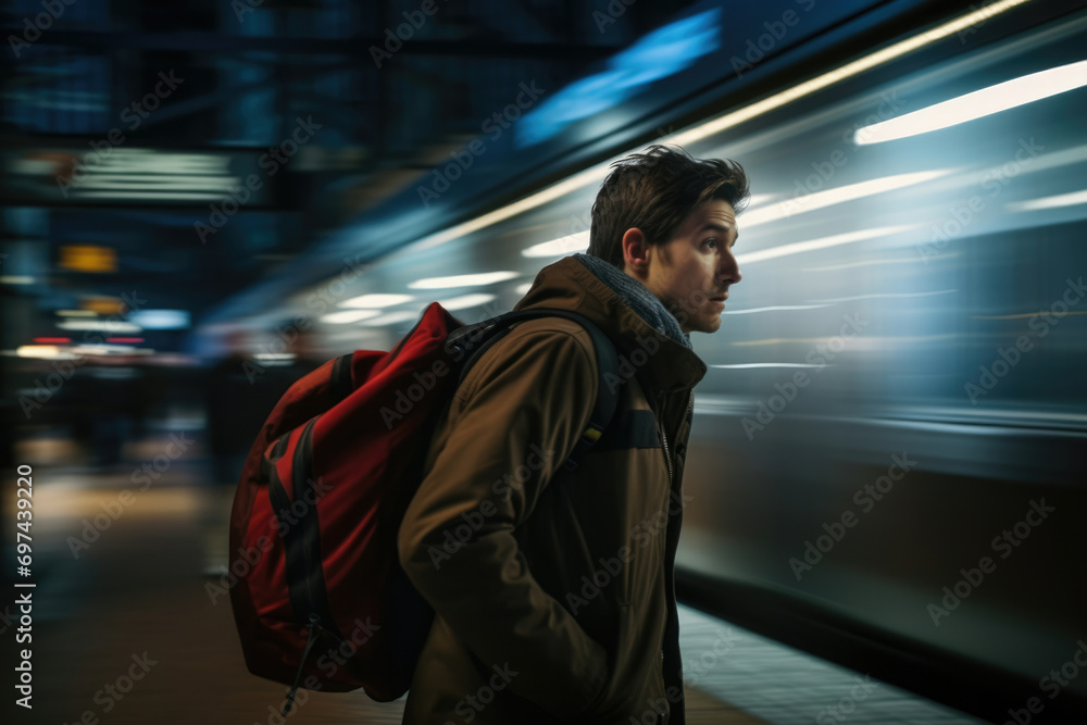 Travelling man station backpack alone transportation train underground male subway person passenger metro