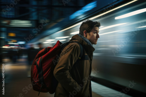 Travelling man station backpack alone transportation train underground male subway person passenger metro