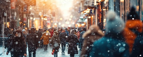 Crowd of people walking through an urban shopping district on a snowy winter day, motion blur photo