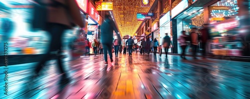 Crowd of people walking through an airport, motion blur