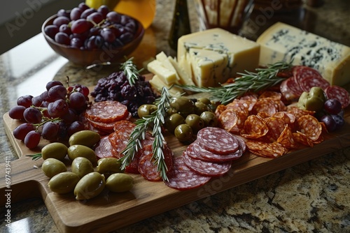Gourmet Mediterranean Spread: Charcuterie Board with Italian Salami, Spanish Chorizo, and Greek Loukaniko, Accompanied by Olives, Marinated Artichokes, and an Exquisite Variety of Cheeses.




