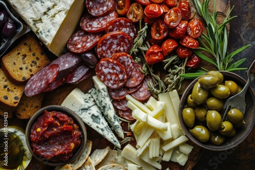 Gourmet Mediterranean Spread: Charcuterie Board with Italian Salami, Spanish Chorizo, and Greek Loukaniko, Accompanied by Olives, Marinated Artichokes, and an Exquisite Variety of Cheeses.




 photo