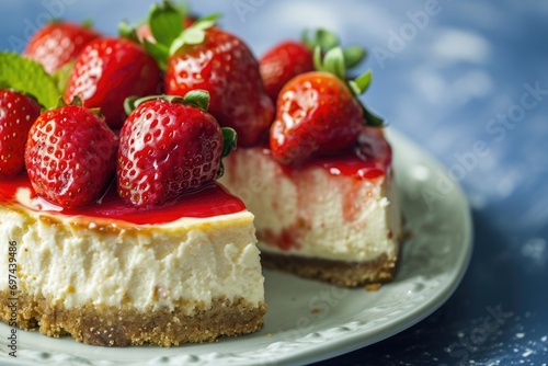 New York Delight: Classic New York Cheesecake - A Rich and Creamy Dessert with a Dense Texture, Made with Cream Cheese, Eggs, and Sugar on a Graham Cracker Crust.


