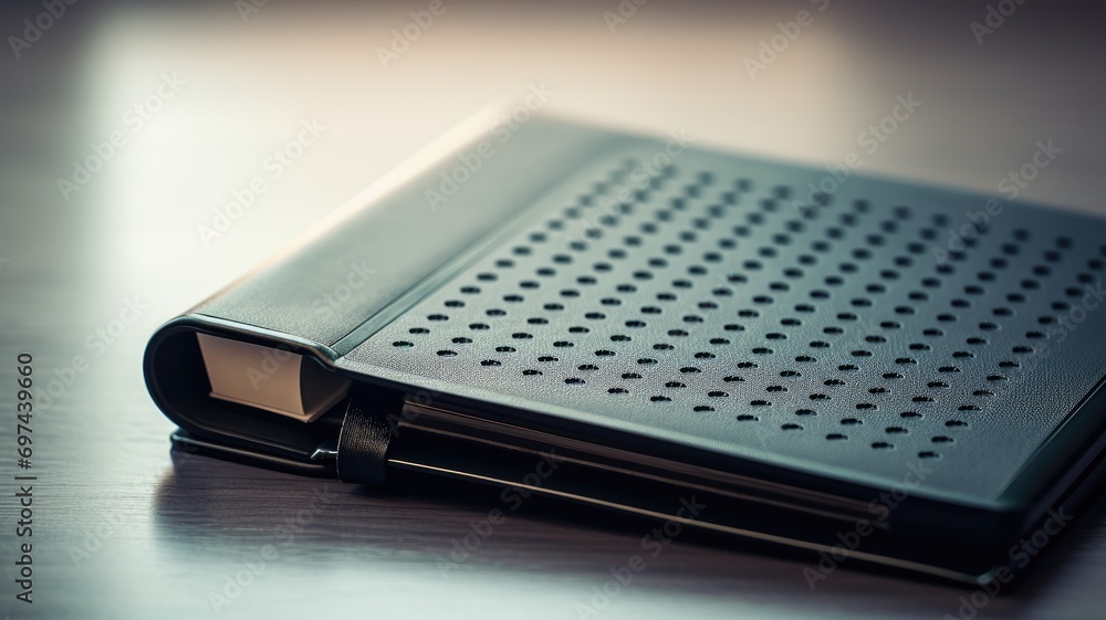 A modern, metallic-clad book with a dotted speaker grille A modern, metallic-clad book with a dotted speaker grille