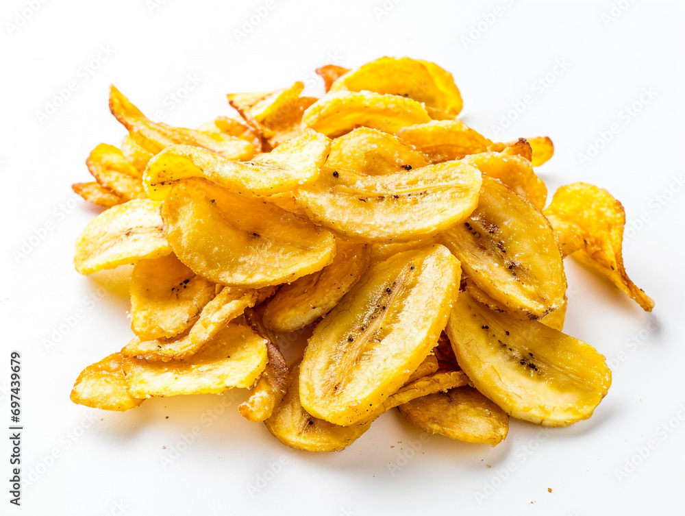 Banana chips isolated on white background. Dried banana slices. Banana chips isolated on white background. Dried banana slices.