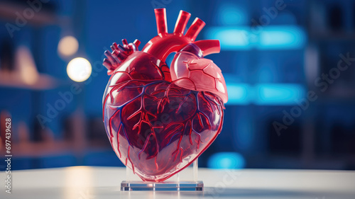 Anatomical model of a human heart displayed against a high-tech background