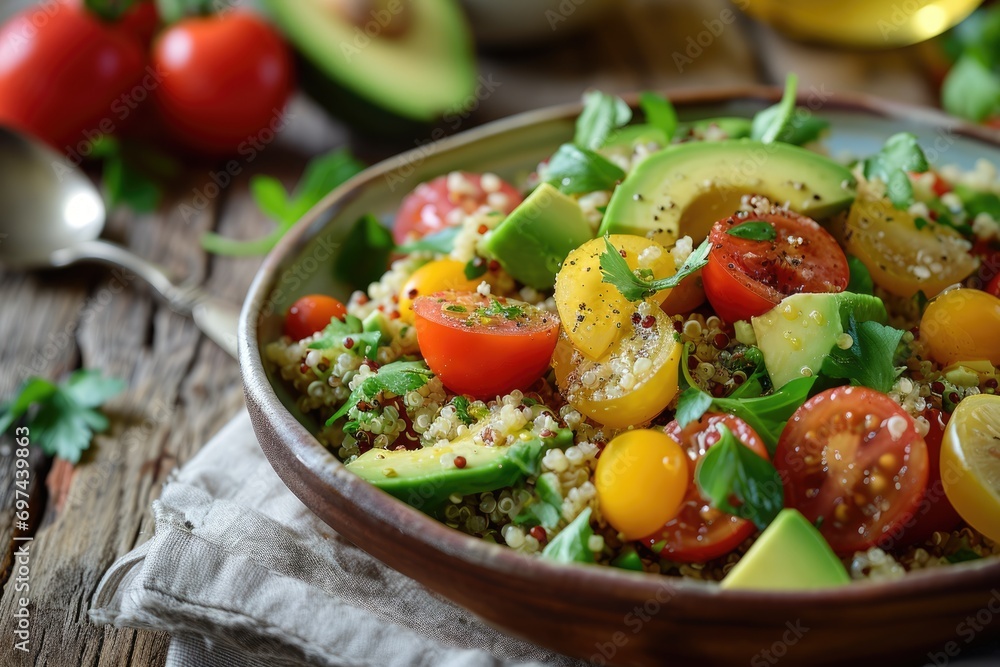 Fresh and Healthy: Quinoa Salad with Avocado and Lemon Dressing - A Nutrient-Dense Culinary Creation Combining Quinoa, Ripe Avocado, Cherry Tomatoes, and a Light Lemon Dressing for Gourmet Refreshment