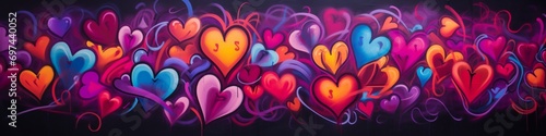  Dynamic graffiti art on an urban wall  depicting a vibrant explosion of heart shapes and love-themed symbols  creating a visually striking and contemporary representation of Valentine s Day.
