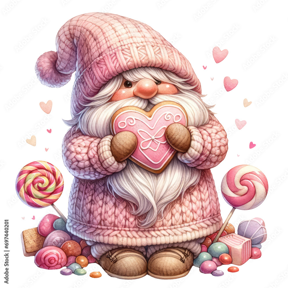 Cute Gnome Cookies And Sweets Valentine Watercolor Clipart Illustration