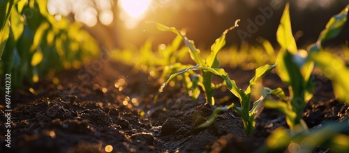 Growing young green corn seedling on farm field. photo