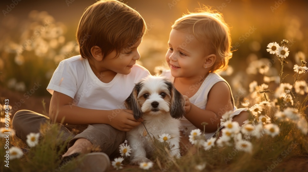 Two young children sitting in a field with a dog. Generative AI. Two young children sitting in a field with a dog. Generative AI.