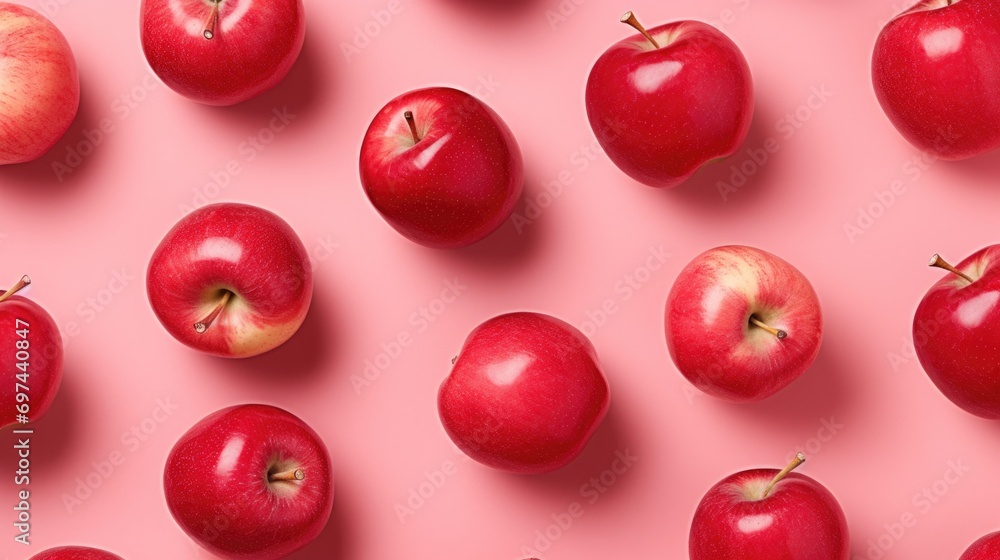 A lot of red apples on a pink surface. Generative AI. A lot of red apples on a pink surface. Generative AI.