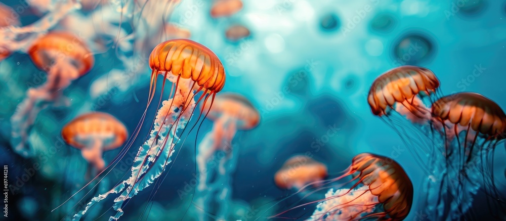 Obraz premium Blue ocean water with orange jellyfish.