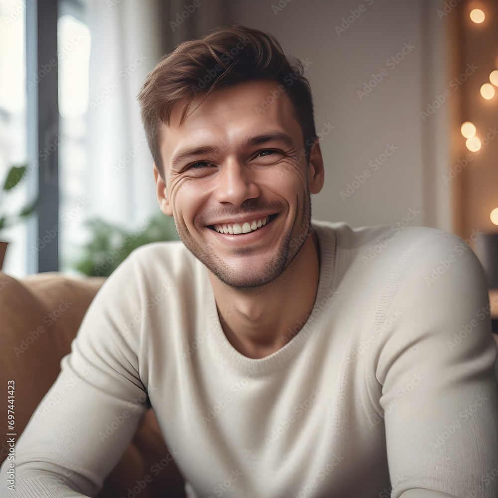 Smiling man sitting at home Smiling man sitting at home