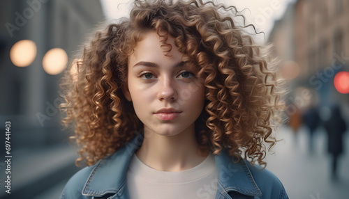 Portrait of young woman with curly hair in the city