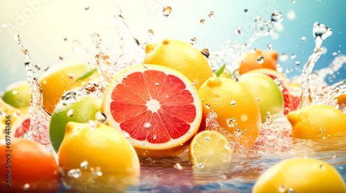 Cross section of fruits in water splashes on a tropical backdrop. photo