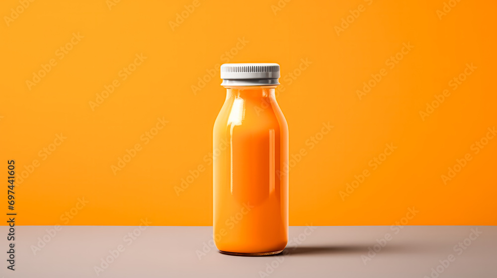 Orange juice in a glass bottle, vibrant background. Orange juice in a glass bottle, vibrant background.