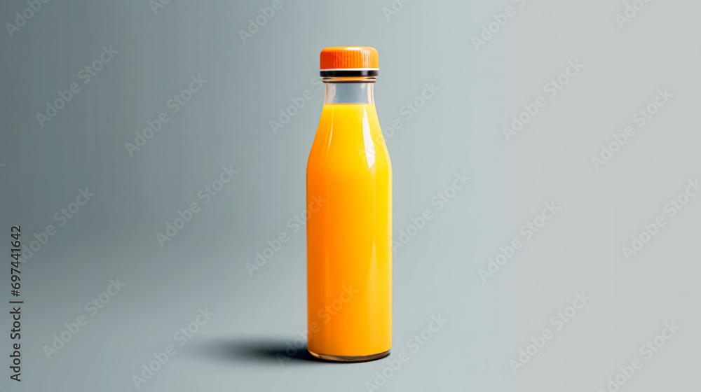 Orange juice in a glass bottle, vibrant background. Orange juice in a glass bottle, vibrant background.