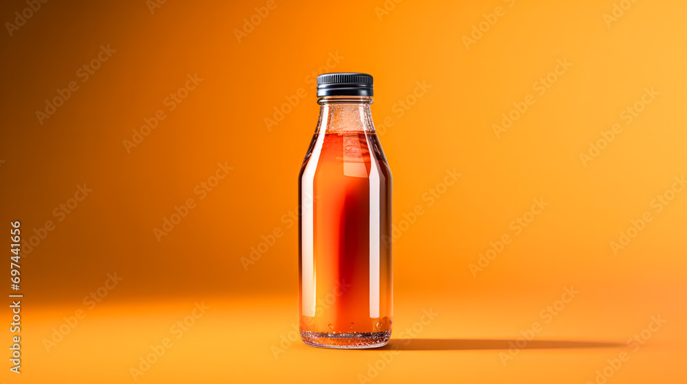 Orange juice in a glass bottle, vibrant background.