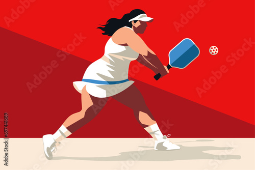Minimal vector illustration of a woman playing pickleball at an athletic club.