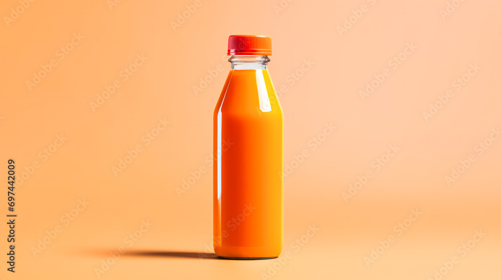 Orange juice in a glass bottle on an orange backdrop.